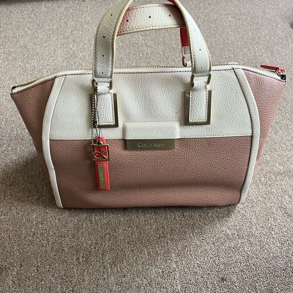 Calvin Klein Tan and Cream Satchel with Structured Design